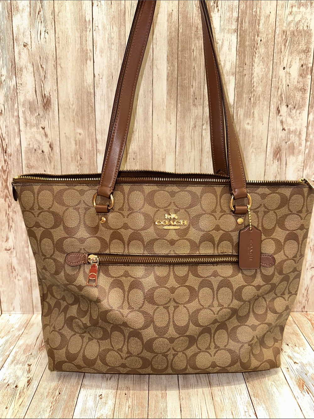 Coach Gallery vintage coated monogram Tote with leather handles & gold hardware